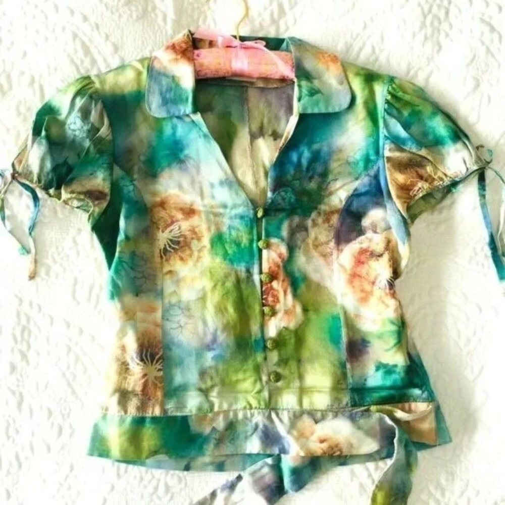 ✨Designer Silky Top ESCADA Floral Rio Print Short Sleeve Button Up Dress Shirt ✨ - Picture 5 of 5